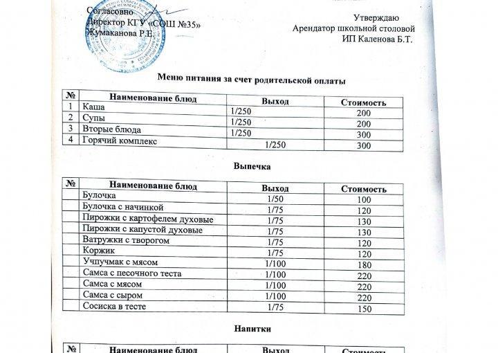 Меню питания за счет родительской оплаты