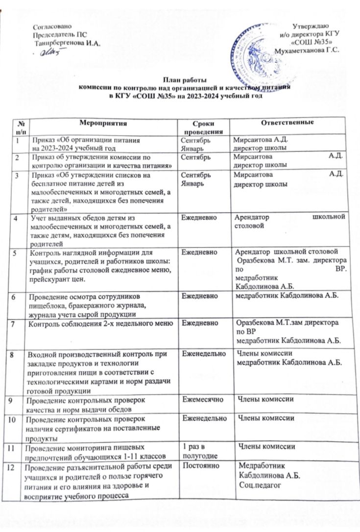 План работы комиссии по контролю над организацией и качества питания