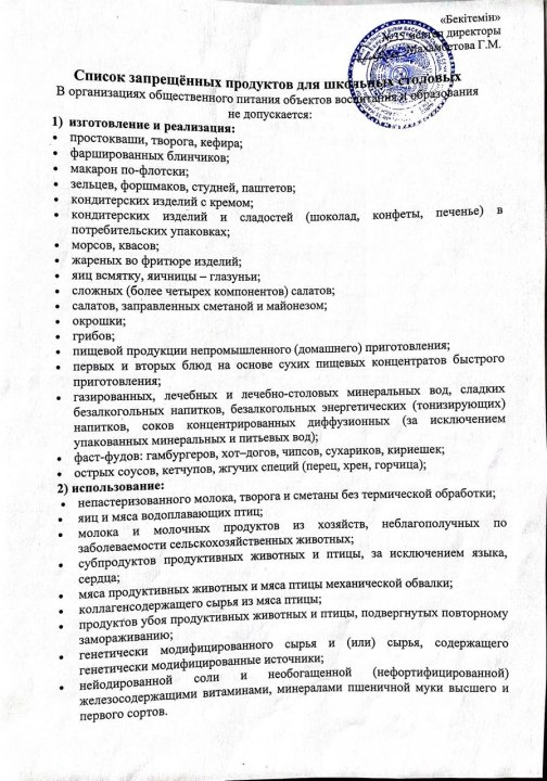 Список запрещенных продуктов для школьных столовых